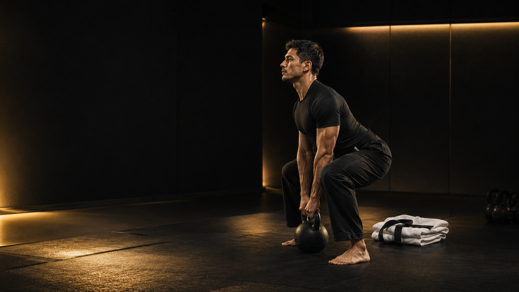 Atleta realiza levantamento com kettlebell ao lado de um quimono e uma faixa-preta.