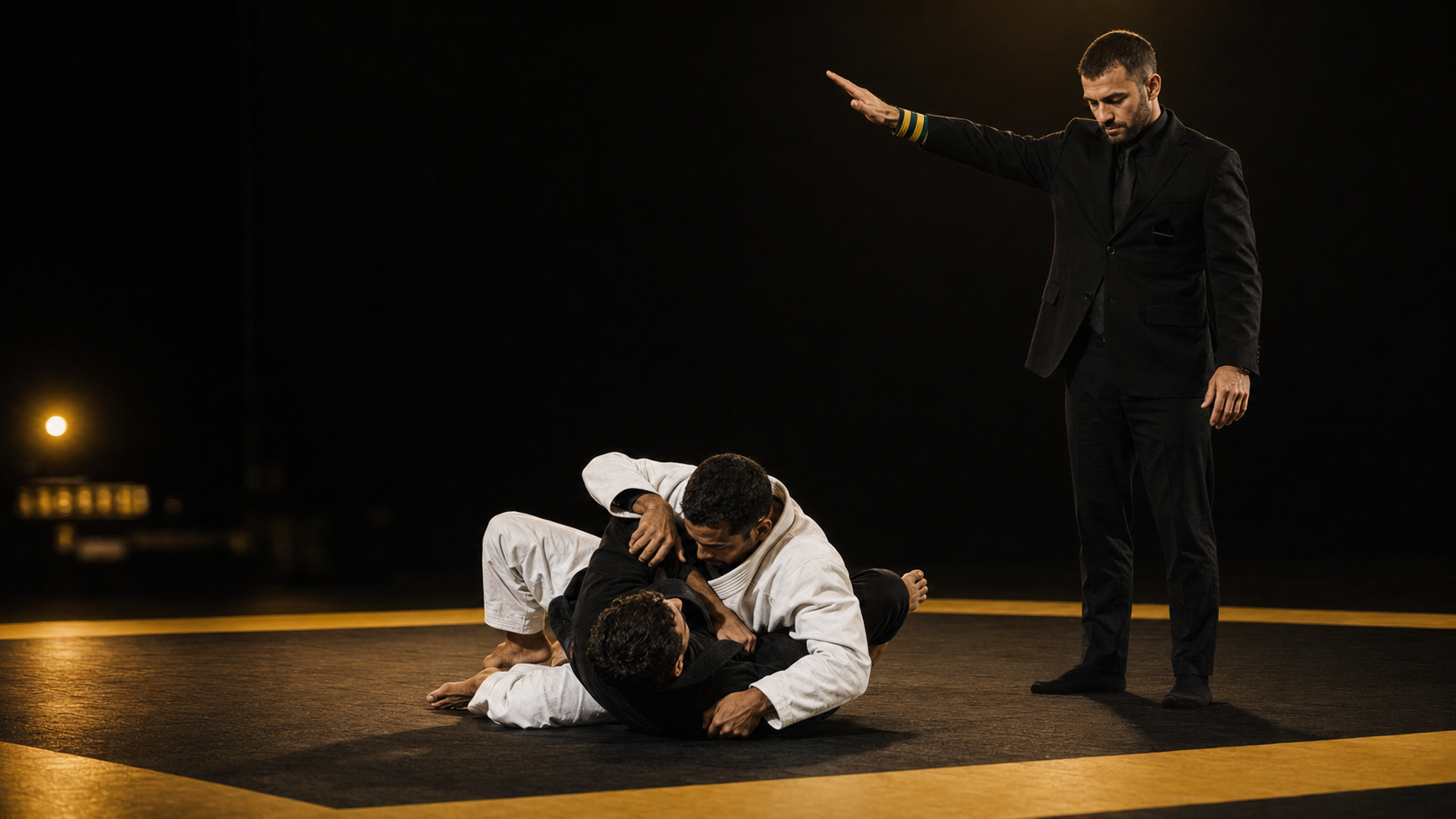Árbitro sinaliza uma pontuação durante uma luta de Jiu-Jitsu.